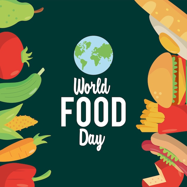 World food day lettering poster with food frame and earth planet illustration design