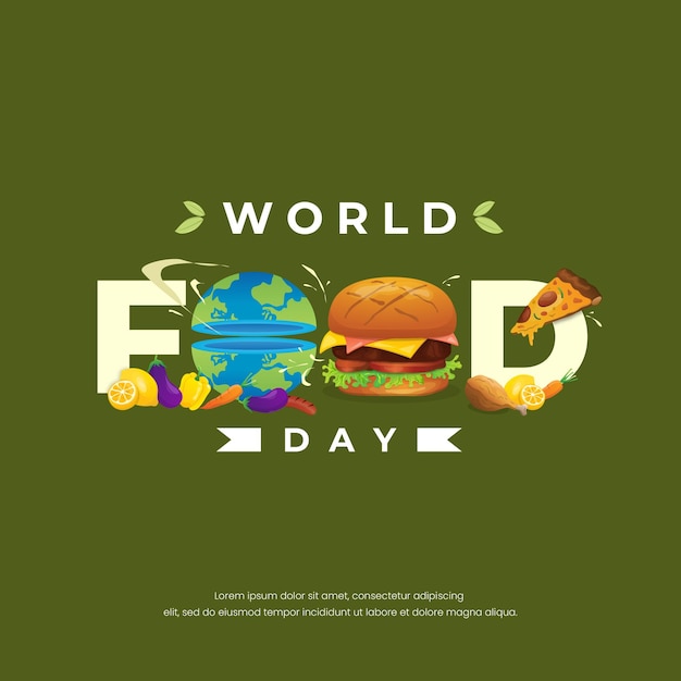 Iscrizione della giornata mondiale dell'alimentazione con l'illustrazione della terra e degli alimenti