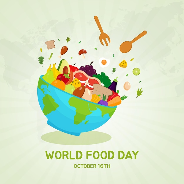 世界食糧デー 10 月 16 日マップ ボウル スプーン フォーク食事果物と野菜のイラスト