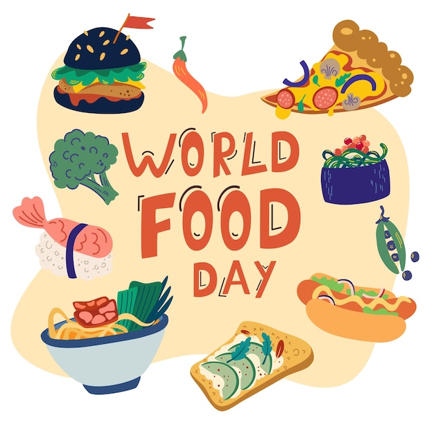 Vector world food day. variety of nutritious food. pizza, burger, hot dog, chinese noodles, sushi and vegetables. delicious healthy food. flat cartoon vector illustration isolated on white background.