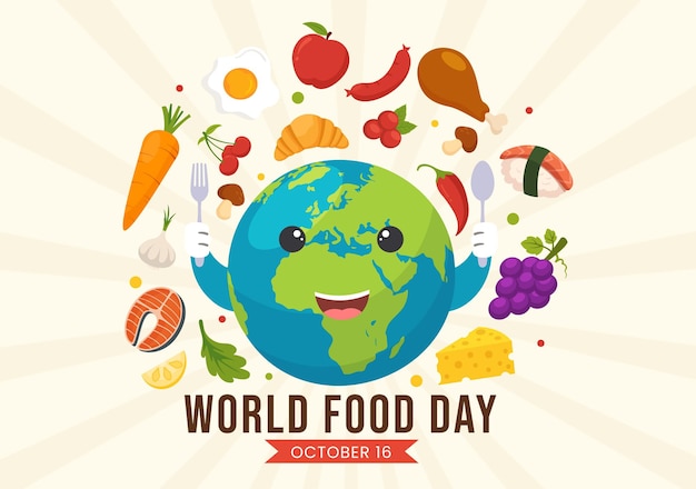 Vector world food day vector illustration on 16 october with various foods or fruit and vegetable