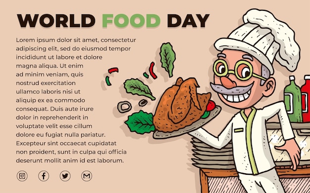 World food day with old chef brings grilled chicken illustration vector