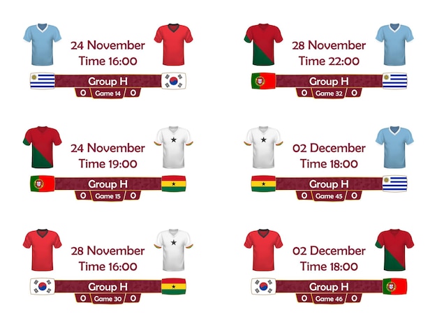 Vector world football tournament group h 2022 schedule match with national flags and tshirts countries in soccer world championship