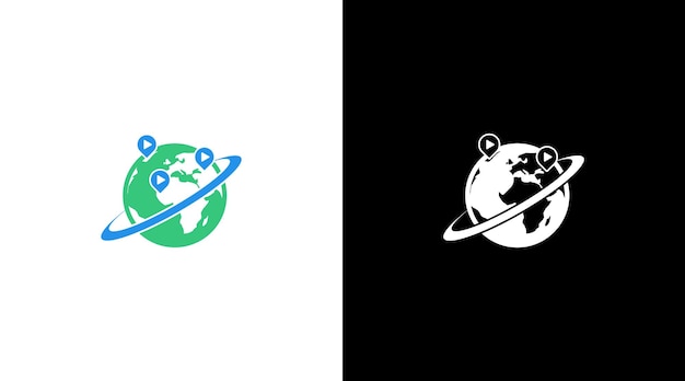 再生ボタンと場所のモノグラム アイコン デザインの世界のグローバル ロゴ