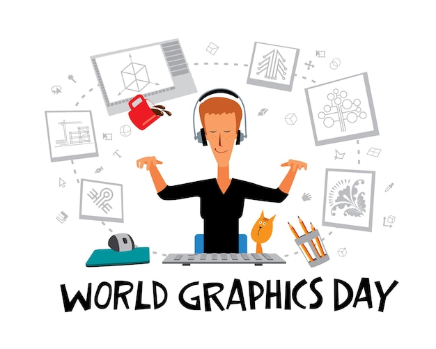 World Graphics Day のグリーティング カード 女の子のデザイナーがコンピューターでグラフィックの傑作を作成