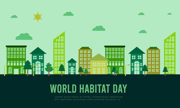 World habitat day flat design background with the clean city, natural tree