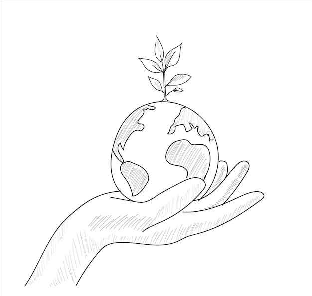 ワールド・イン・ハンド。地球、苗木、苗木。手描きのスケッチのベクトル図