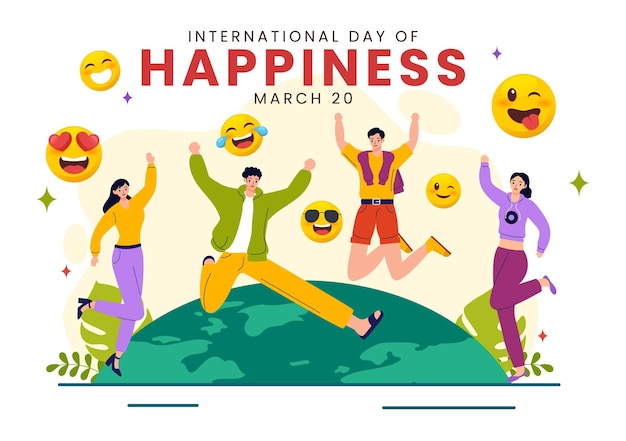 Vector world happiness day celebration illustration with smiling face expression and yellow background