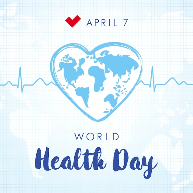 세계 보건의 날 4월 7일 글자와 하트비트 사각형 배너. 심장 창조적인 아이콘의 세계 지도입니다.