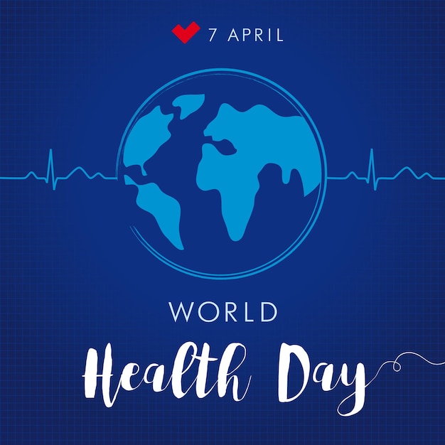 Vector world health day april 7 square banner. creative globe, lettering and pulse trace.