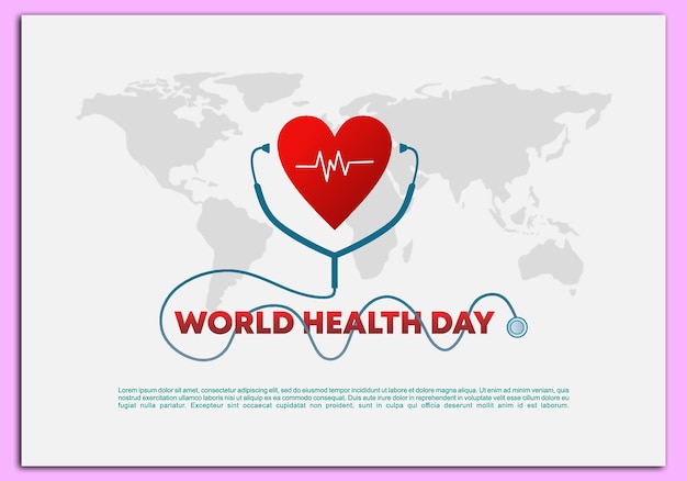 World health day background with heart beat stethoscope and world map