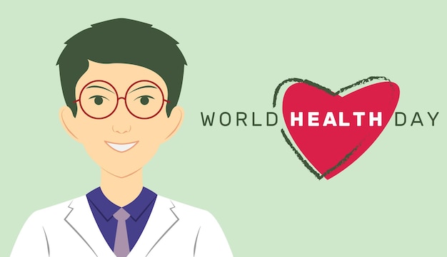 World health day banner with doctor cartoon character