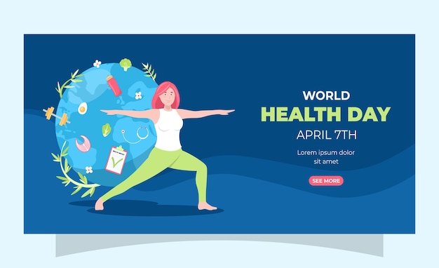 Vector world health day banner with woman exercising, planet and health related objects