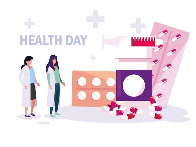 Vector world health day card with doctors women and medicines