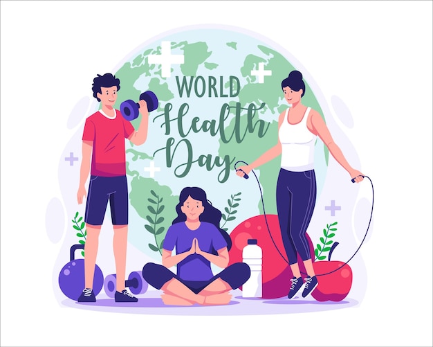 Illustrazione del concetto della giornata mondiale della salute con personaggi di persone che esercitano fitness e yoga