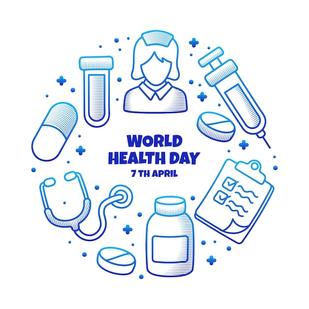 World health day doodle with globe and medical element outline\
illustration