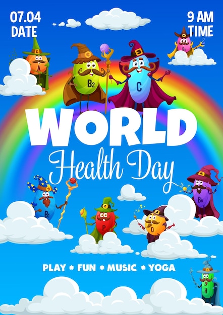 World health day flyer cartoon vitamin wizard