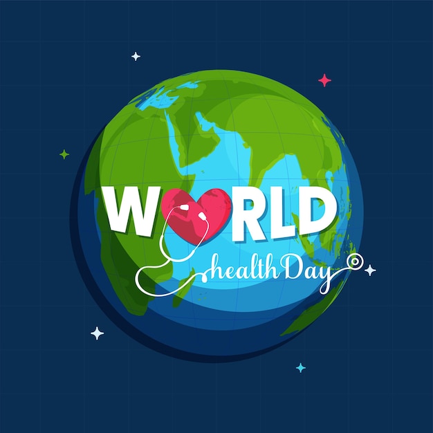 Vettore carattere della giornata mondiale della salute con il controllo del cuore dallo stetoscopio sul globo terrestre su sfondo blu