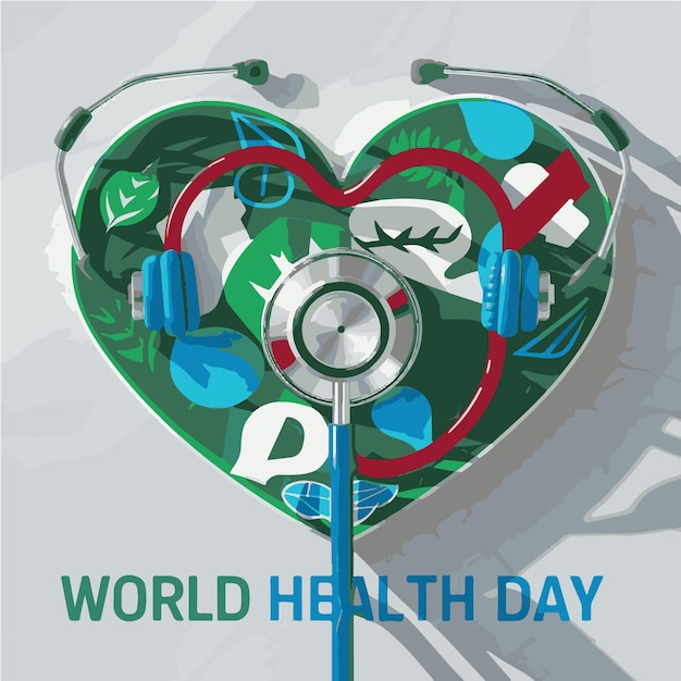 Vettore giornata mondiale della salute duro primo piano di una forma di cuore e uno stetoscopio con fondo bianco