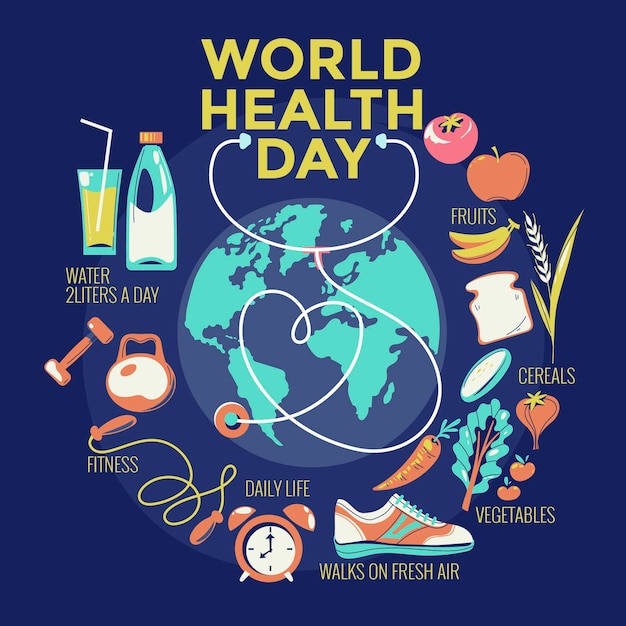 Concetto di illustrazione della giornata mondiale della salute con cibo sano e sfondo di attività sane