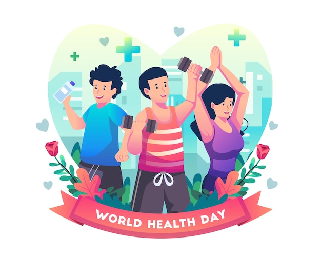 Vettore concetto di illustrazione della giornata mondiale della salute con le persone si esercitano per rimanere in salute illustrazione vettoriale in stile piatto