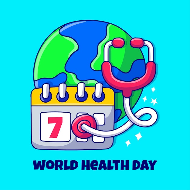 Illustrazione della giornata mondiale della salute con doodle disegnato a mano dello stetoscopio terrestre e del calendario