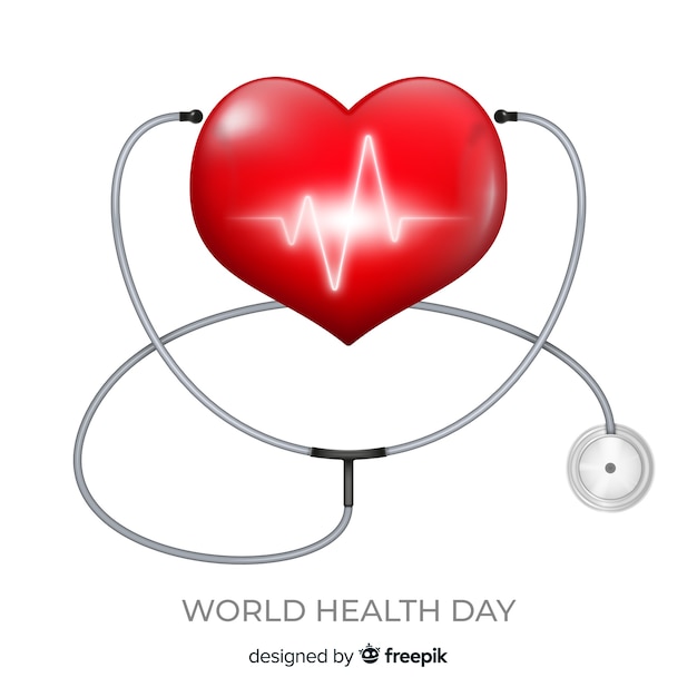 Vector world health day illustration with heart and stethoscope