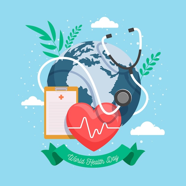 World health day illustration with planet and heart