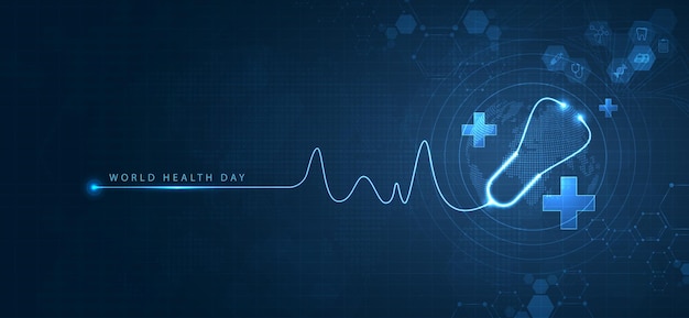 세계 보건의 날은 매년 4 월 7 일에 기념되는 세계 보건 의식의 날입니다. 아이콘과 함께 의료 의료 과학 디지털 기술 세계 개념 현대 비즈니스 터 디자인.