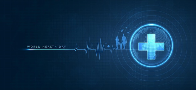벡터 세계 보건의 날은 매년 4 월 7 일에 기념되는 세계 보건 의식의 날입니다. 아이콘과 함께 의료 의료 과학 디지털 기술 세계 개념 현대 비즈니스 터 디자인.