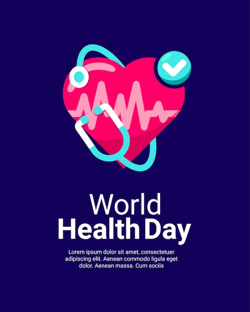 World health day social media post template with heartbeat and stethoscope illustration