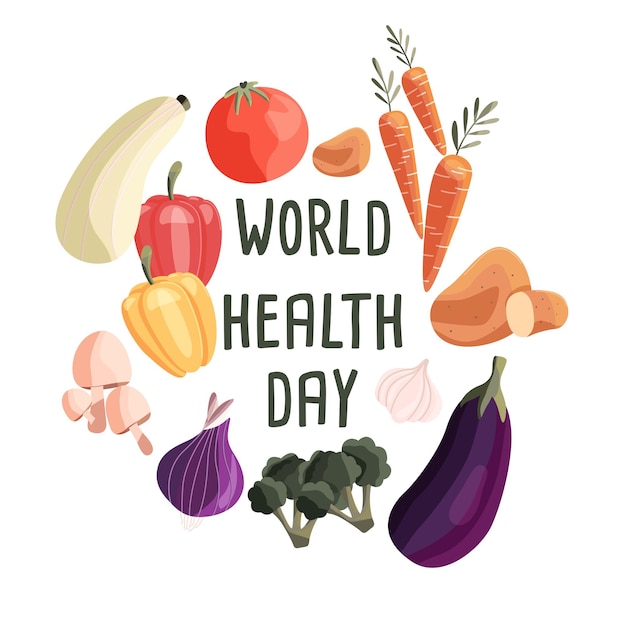 World health day square poster template with collection of fresh organic vegetables