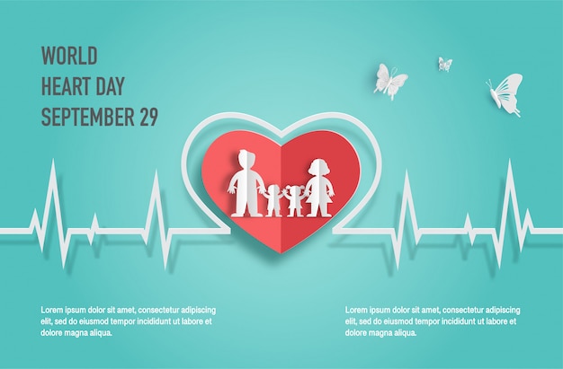 World Heart Day-concept, gelukkige familie met heartbeatlijn.