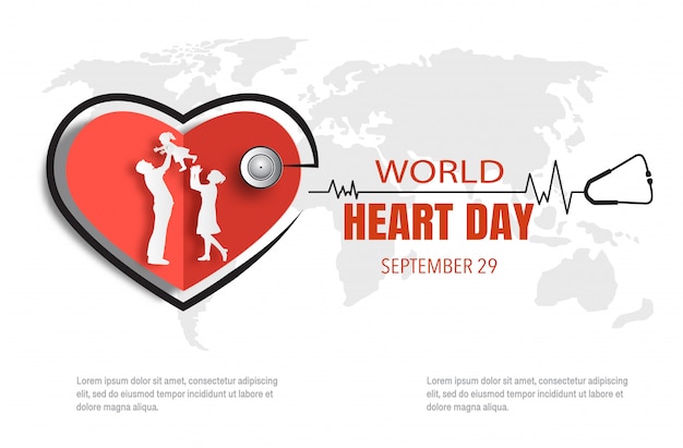 World Heart Day concept, happy family with heartbeat line.