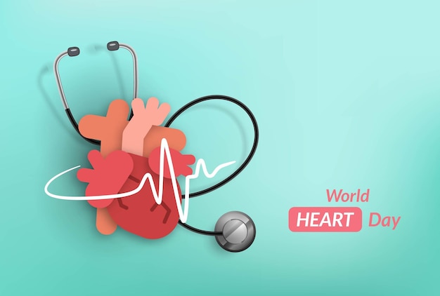 World Heart Day concept heart shape with a stethoscope paper illustration and 3d paper