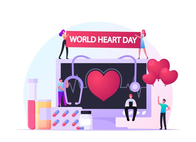 World Heart Day Concept, Tiny Male and Female Characters at Huge Monitor with Heartbeat Pulse, Stethoscope and Medicine Bottles. Cardiology Disease Prevention Cartoon People Vector Illustration