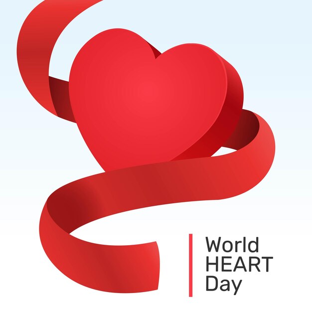 빨간 리본 일러스트와 함께 세계 심장의 날 디자인 현실적인 심장 모양