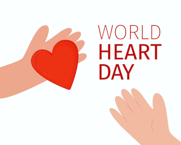 World Heart Day From hand to hand scarlet heart topic of cardiology organ donation Thematic medical postcard Vector editable illustration flat