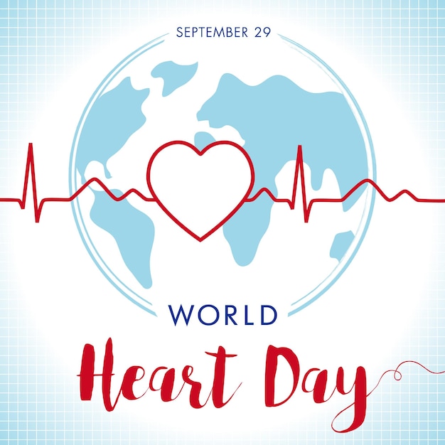 World Heart day with earth and pulse trace. Creative heart logo, flat globe, vector illustration.