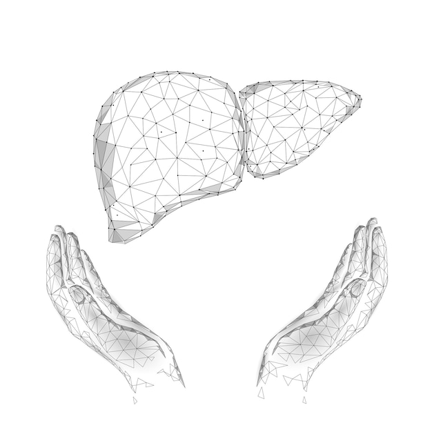 Всемирный день борьбы с гепатитом, июль, здоровье печени, медицина, низкополигональная модель, человеческий орган, рука, полиг ...