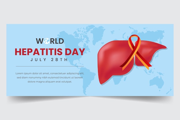 Vettore giornata mondiale dell'epatite 28 luglio striscione orizzontale con illustrazione del fegato e del nastro
