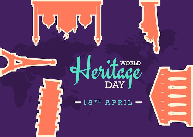 Poster della giornata del patrimonio mondiale con monumenti famosi statua della libertà sydney opera house illustrazione della torre eiffel banner vettoriale