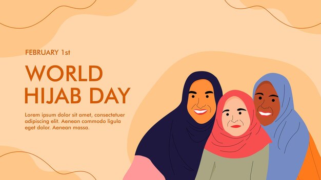 World hijab day banner with different skin woman in hijab illustration