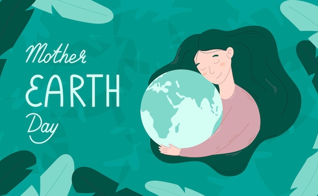 World Holiday Mother Earth Day vector green banner Cartoon Young woman with lush hair hugging the planet Earth The concept of nature and environment protection