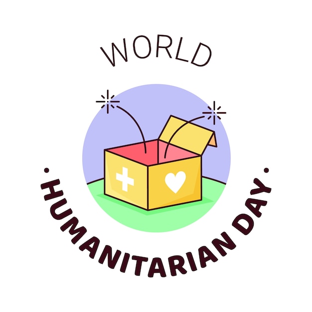 World humanitarian day -19 august - banner template. open humanitarian help box with sparkles, cross and heart signs on sides. recognizing people working and lost their lives humanitarian causes.