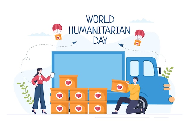 イラストで人々の寄付とボランティアを支援することを祝う世界人道の日