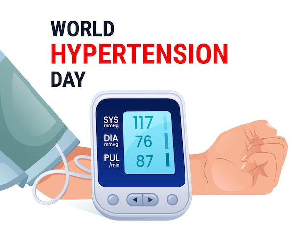 Giornata mondiale dell'ipertensione, illustrazione di un uomo che controlla la pressione arteriosa.