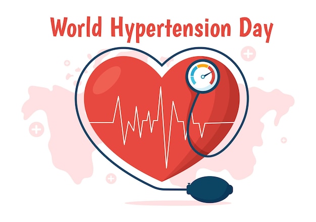 Vettore illustrazione della giornata mondiale dell'ipertensione con pressione alta e immagine rossa dell'amore disegnata a mano