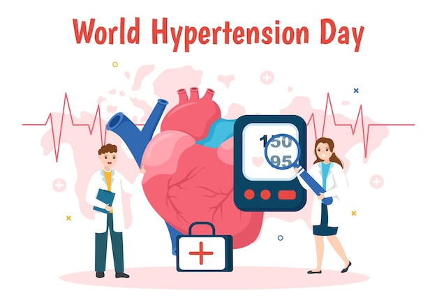 Illustrazione della giornata mondiale dell'ipertensione con pressione alta e immagine rossa dell'amore disegnata a mano