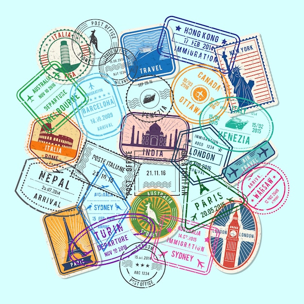world immigration and post stamp sand marks gathered in pile illustration